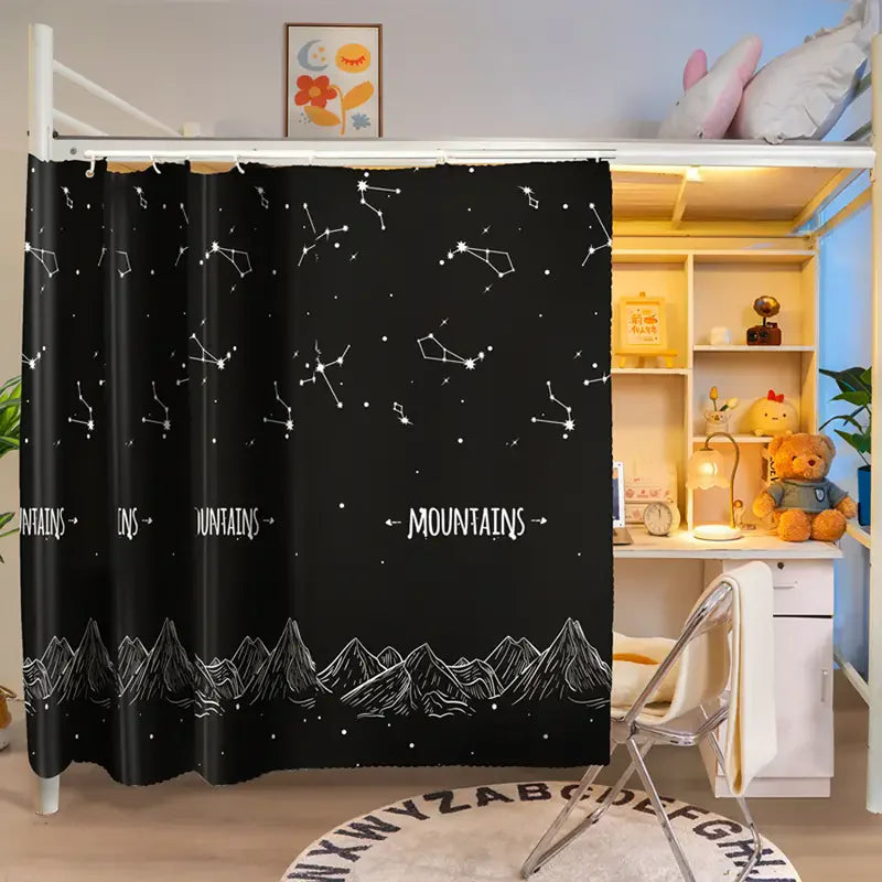 Blackout dustproof bed curtain featuring a silhouette of mountains and stars for bunk beds