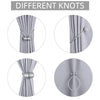 Four different minimalist magnetic ball curtain tieback knots shown in various styles and angles.