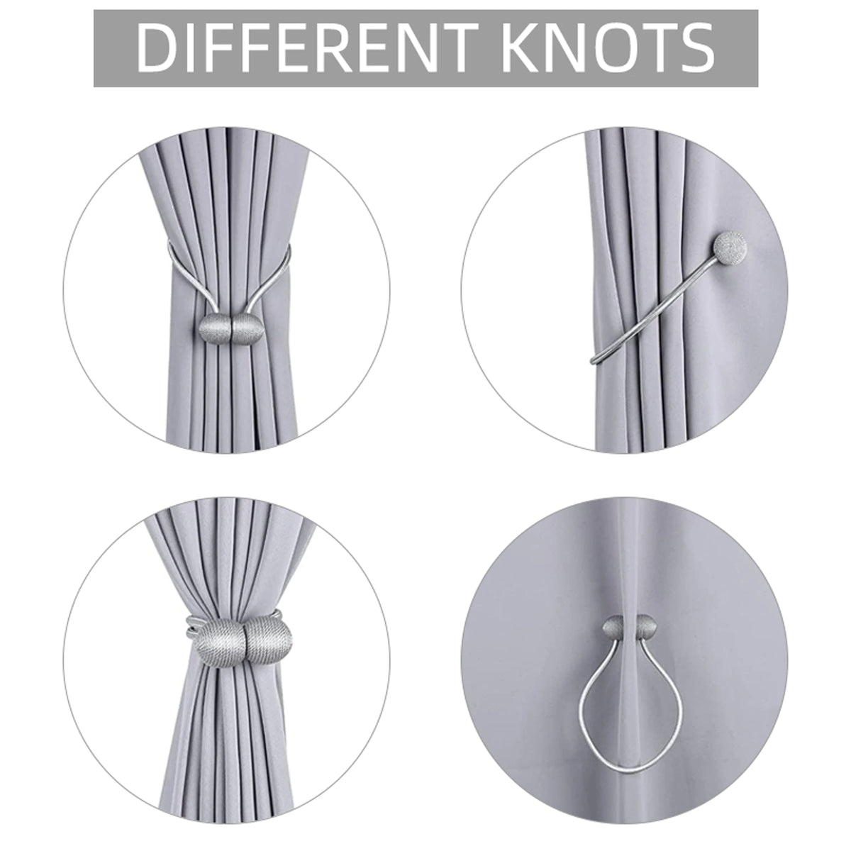 Four different minimalist magnetic ball curtain tieback knots shown in various styles and angles.