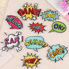 A collection of colorful lettering embroidery patches featuring words like BANG HOW WTF OK ZAP OHH OMG and POW