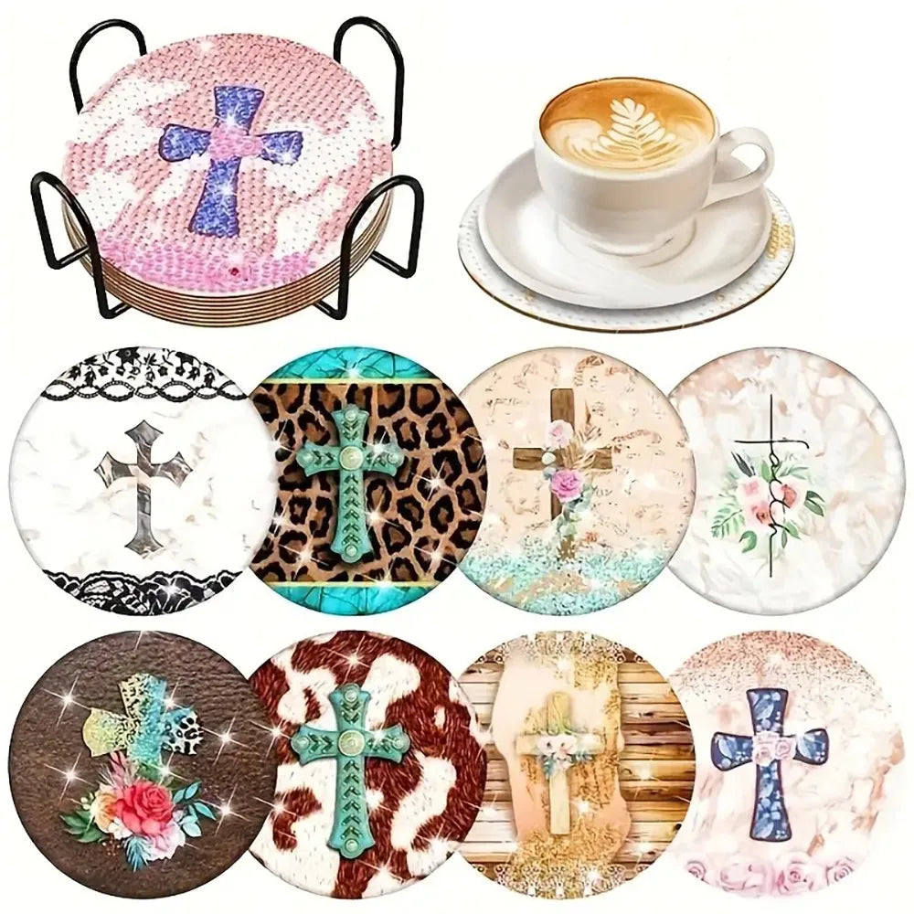 A set of DIY diamond painting coasters featuring various crosses and floral designs on pink, white, and leopard print backgro