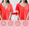 Red t-shirt with a V-neck showing the ease of installation and reusable nature of micro stitching gun