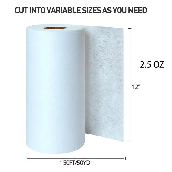 Roll of white embroidery stabilizer backing cut into variable sizes, 2.5 oz, 150ft/50yd.