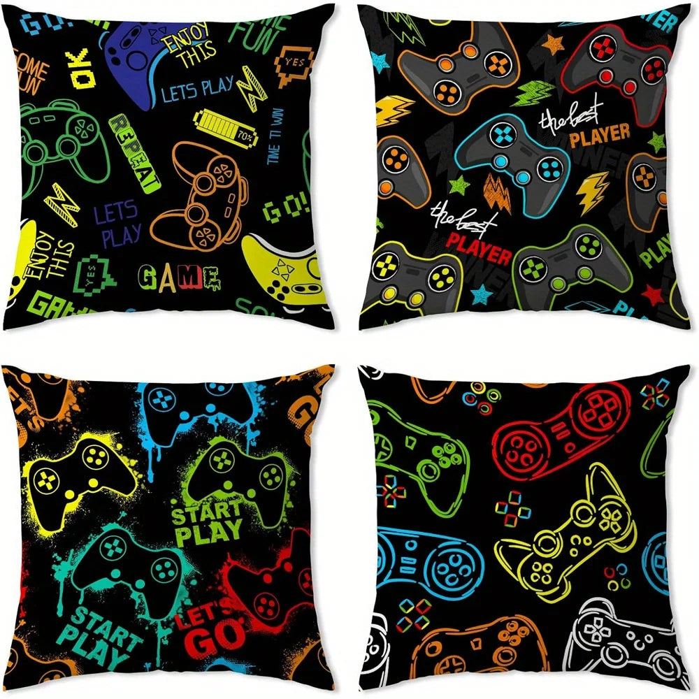 A set of nine decorative pillow covers featuring various colorful game controller designs and gaming themes.