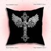 Black throw pillow cover featuring a silver gothic cross with outstretched wings