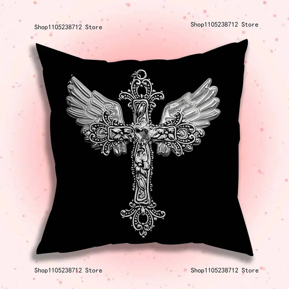 Black throw pillow cover featuring a silver gothic cross with outstretched wings