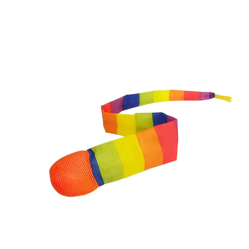 Rainbow comet ball with a soft tail featuring stripes of various colors like orange, yellow, green, blue, and purple.