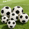 A close-up of several black and white football plush toys resting on green grass with a yellow text overlay.