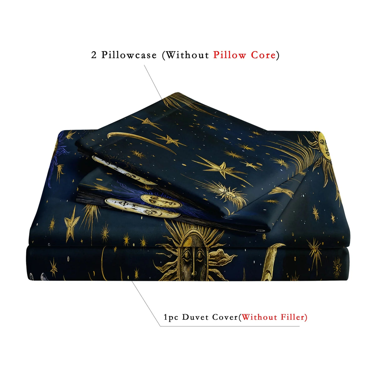 Two pillowcases and one duvet cover featuring a dark blue fabric with gold sun and moon patterns.