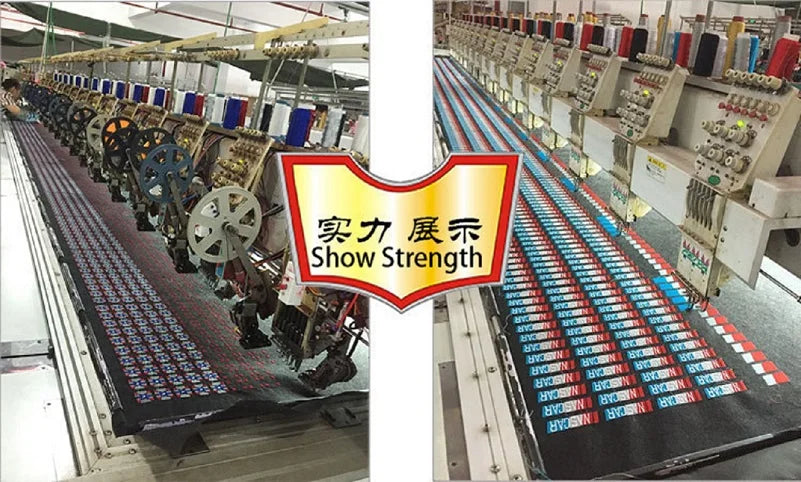 Show strength display featuring rows of embroidered eagle shield patches in various colors and sizes.