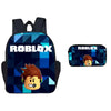 A dark blue Roblox themed backpack and pen case set featuring a pixelated design.