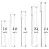 A set of five large eye hand sewing needles with varying lengths, shown next to measurement guides.