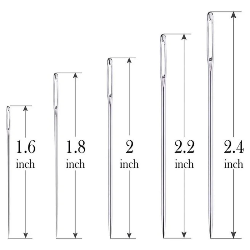 A set of five large eye hand sewing needles with varying lengths, shown next to measurement guides.