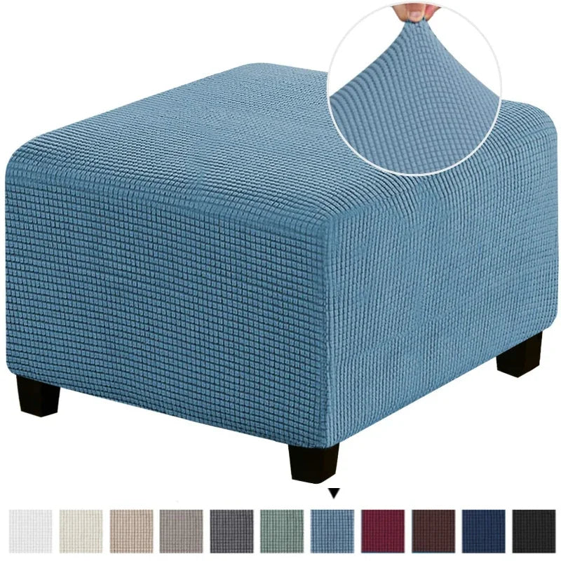 Light blue square jacquard footrest ottoman slipcover with a textured fabric detail