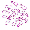 A collection of pink gourd-shaped locking safety pins for knitting and sewing.