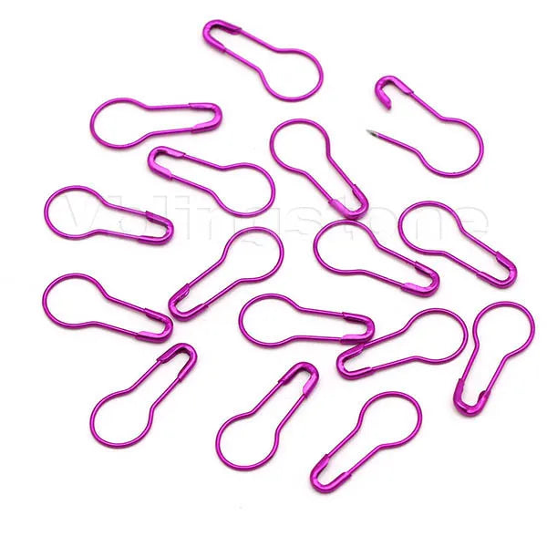A collection of pink gourd-shaped locking safety pins for knitting and sewing.