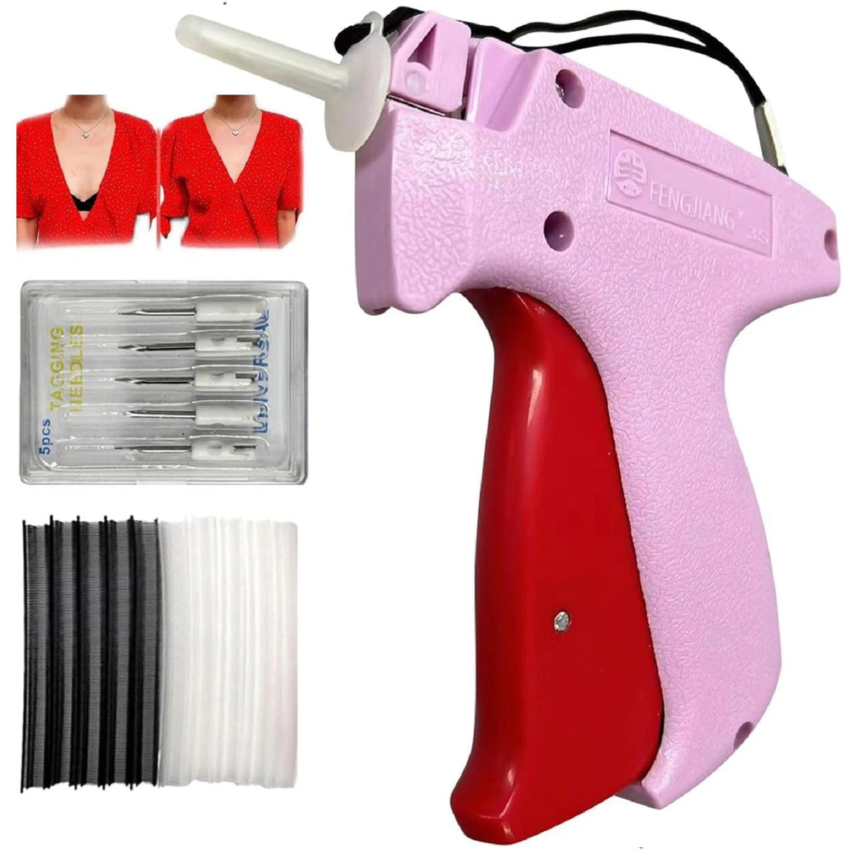 A pink and red micro stitching gun with a needle and thread, along with spare needles and thread.