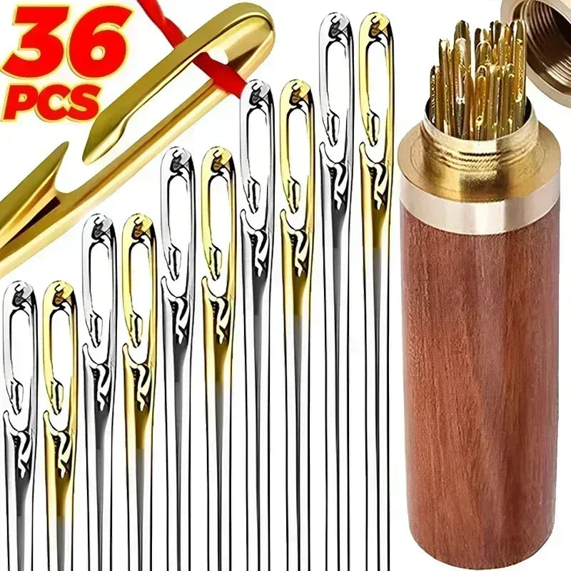 A set of stainless steel sewing needles in various sizes packaged in a wooden container.