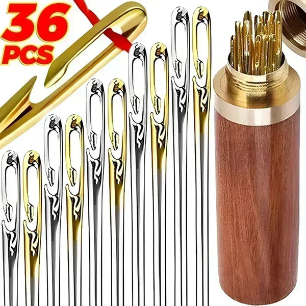 A set of stainless steel sewing needles in various sizes packaged in a wooden container.