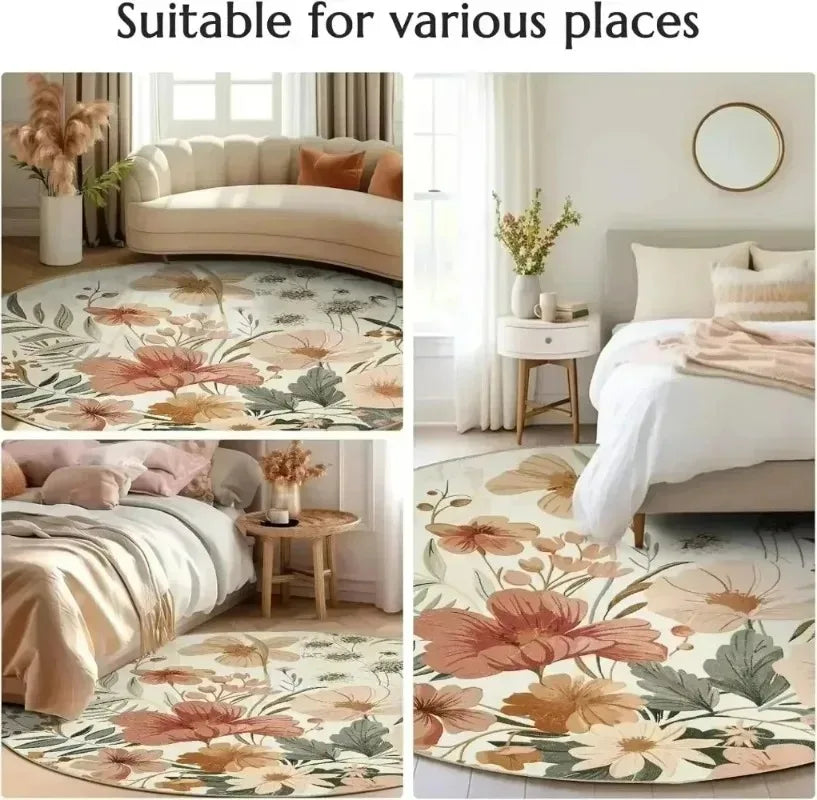 A round ethnic geometric non-slip area rug featuring floral patterns in shades of pink, green, and beige.