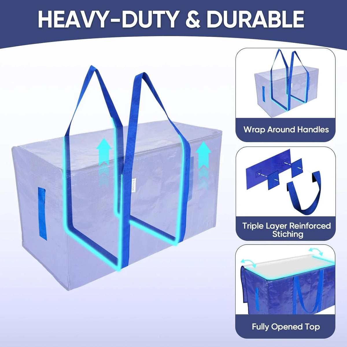 A translucent purple heavy duty storage tote with blue reinforced stitching and handles, shown fully open.