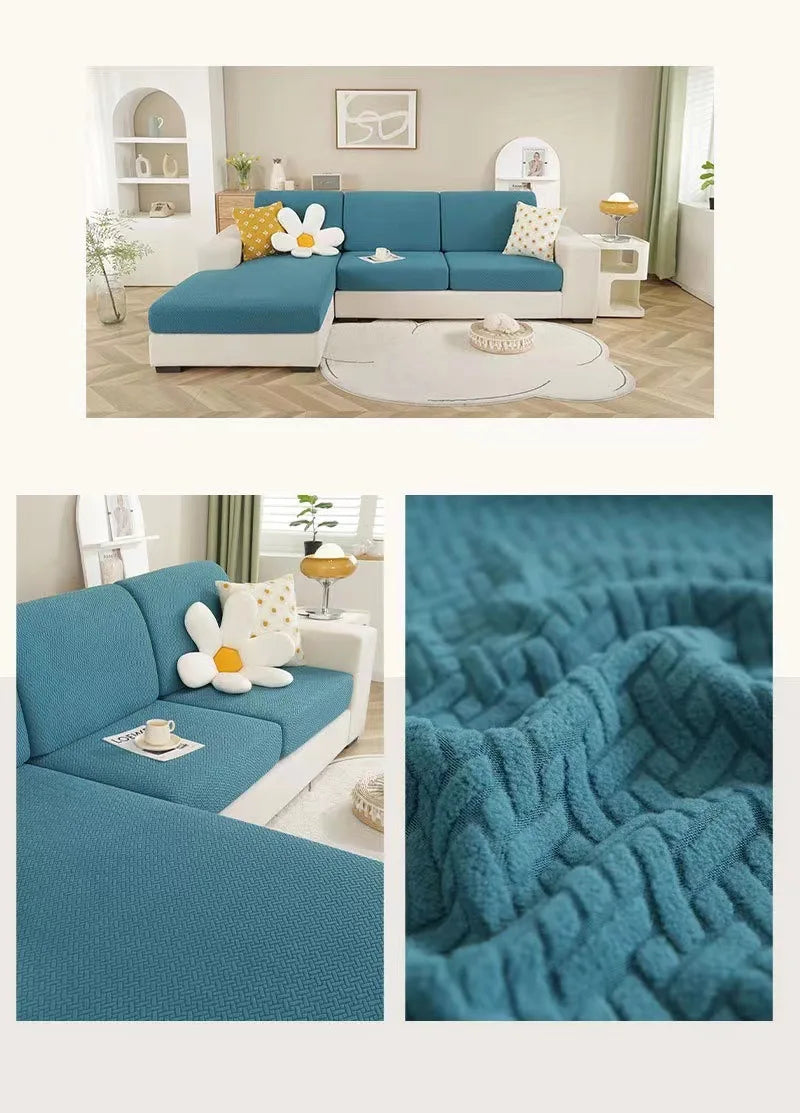 A teal sofa seat protector cushion cover displayed on a sofa in a bright living room setting.