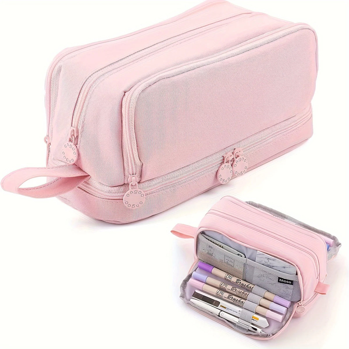 A pink fabric pencil pouch with a zipper and a clear pocket showing various pens and pencils.