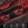 A close-up view of a dark red and black hexagonal patterned duvet cover set with features like soft, lightweight, breathable,