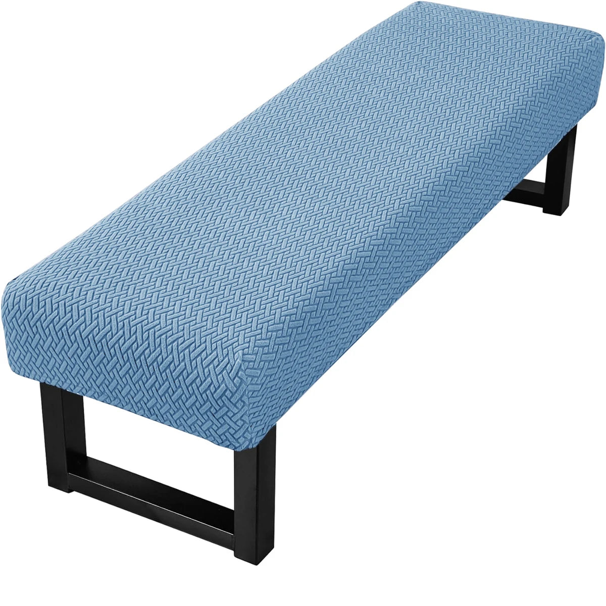 Light blue stretch jacquard dining bench cover with a black frame.