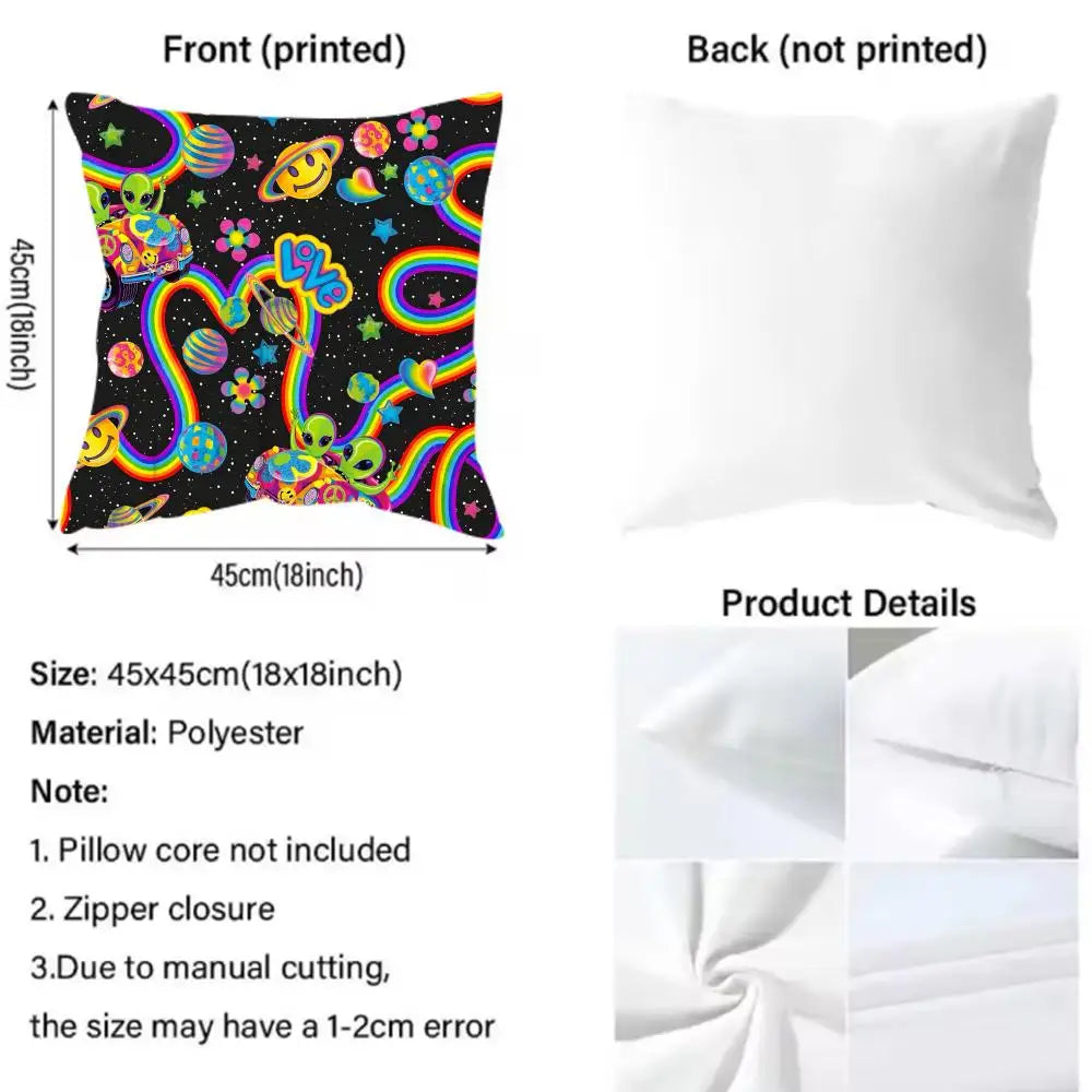Front and back views of a double-sided printed square pillow cover featuring colorful cosmic designs
