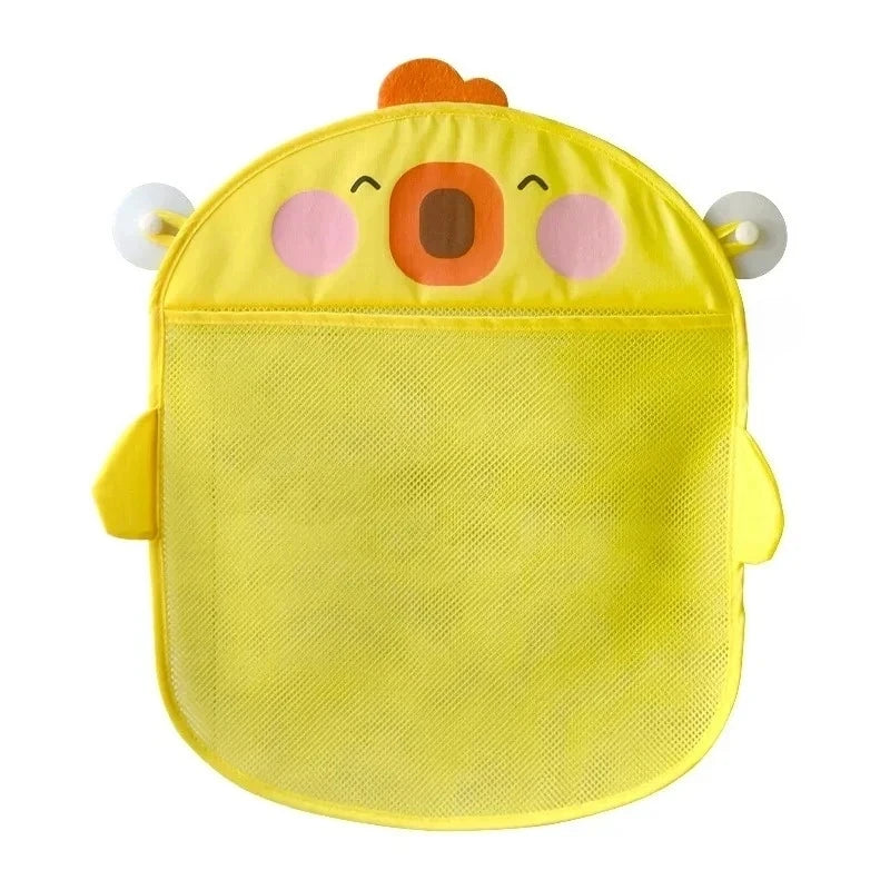 Yellow mesh baby bath organizer storage bag with orange ears and eyes