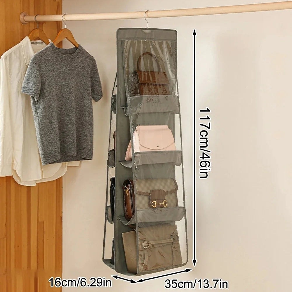 A tall, double-sided hanging closet organizer bag in gray fabric is displayed on a wall with dimensions provided.