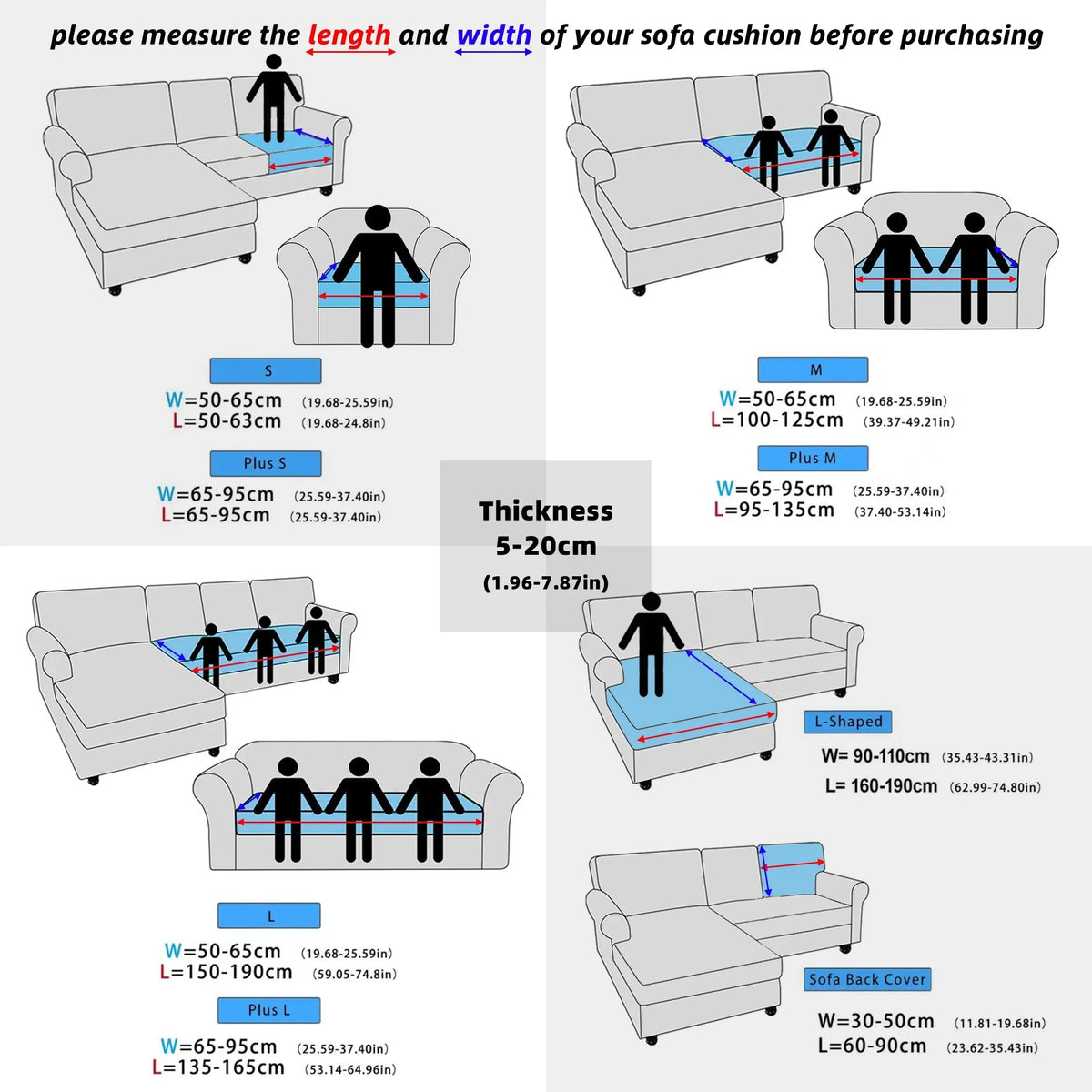 Diagrams showing measurements for sofa cushion length and width for various sizes.