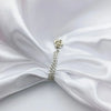 Silver magnetic chain buckle with a floral charm worn on white satin fabric.