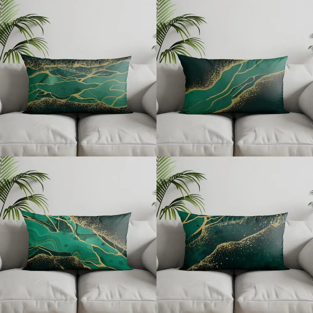 A set of four accent pillows featuring a dark teal background with flowing gold lines and foliage patterns.