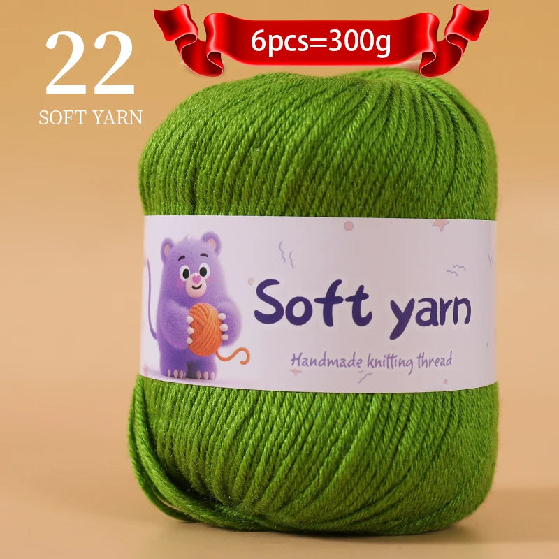A ball of 22 soft green yarn, labeled as handmade knitting thread, ready for crafting.