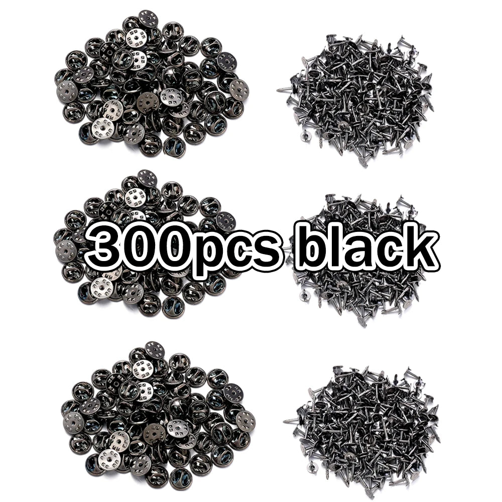 A collection of 300 pieces of black metal pin findings including butterfly brooches and tie tacks.