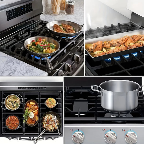 A close-up view of a reusable gas stove protector liner being placed inside an oven or stovetop.