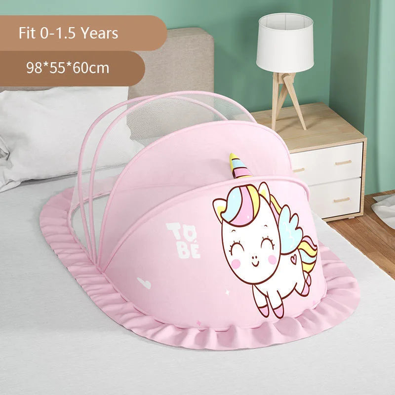 Pink unicorn mosquito net canopy for infant cots, suitable for 0-1.5 years.