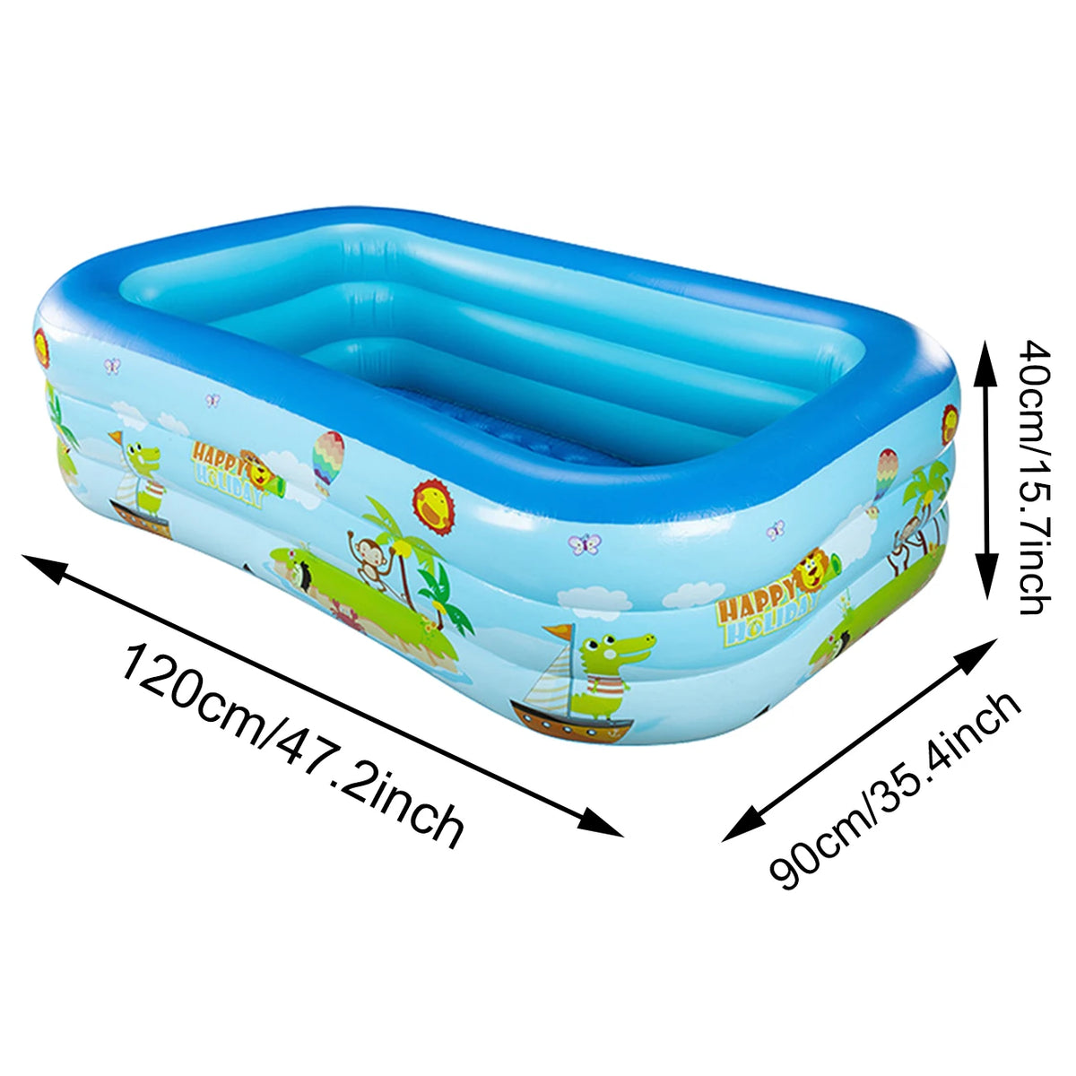 Blue inflatable pool for backyard fun with a boat design and dimensions of 120cm by 90cm.