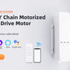 A white motorized shade drive motor unit and remote controls for a smart curtain system.