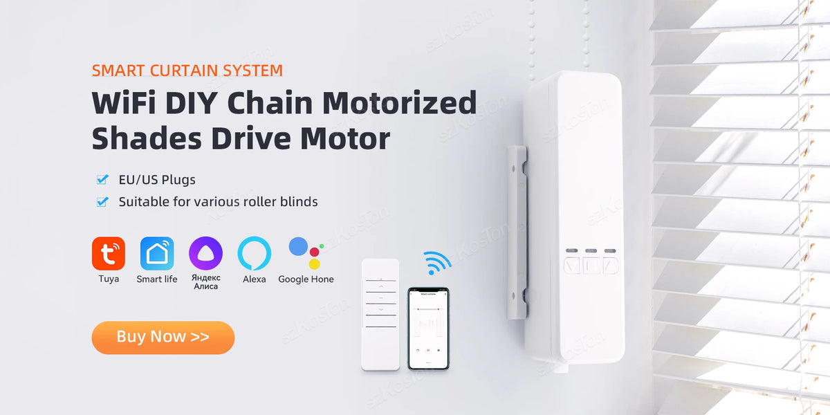 A white motorized shade drive motor unit and remote controls for a smart curtain system.