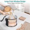 A large front window design storage basket holding stacked straw hats and a light-colored fabric hat.