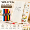 A white embroidery stitch book kit with various threads and needles, showing different stitch techniques like French knot and