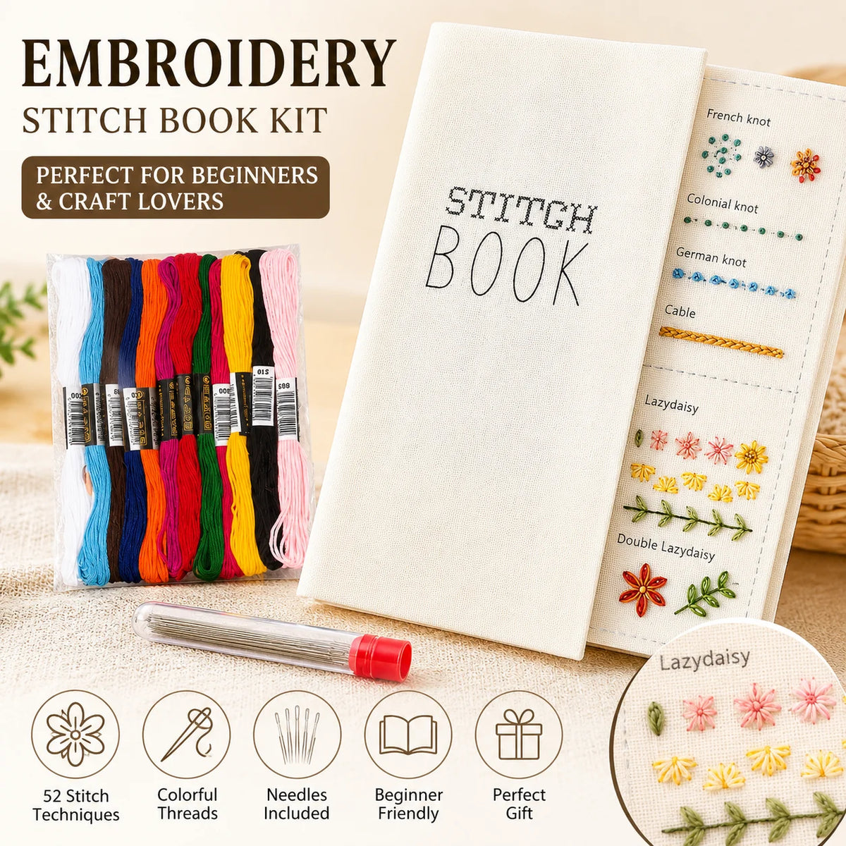 A white embroidery stitch book kit with various threads and needles, showing different stitch techniques like French knot and