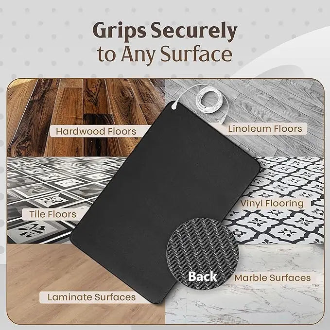 A black conductive grounding mat shown placed on various flooring surfaces including hardwood, linoleum, tile, vinyl, laminat