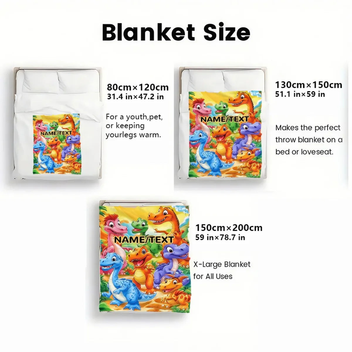 A set of personalized dinosaur blankets showing various sizes and designs.