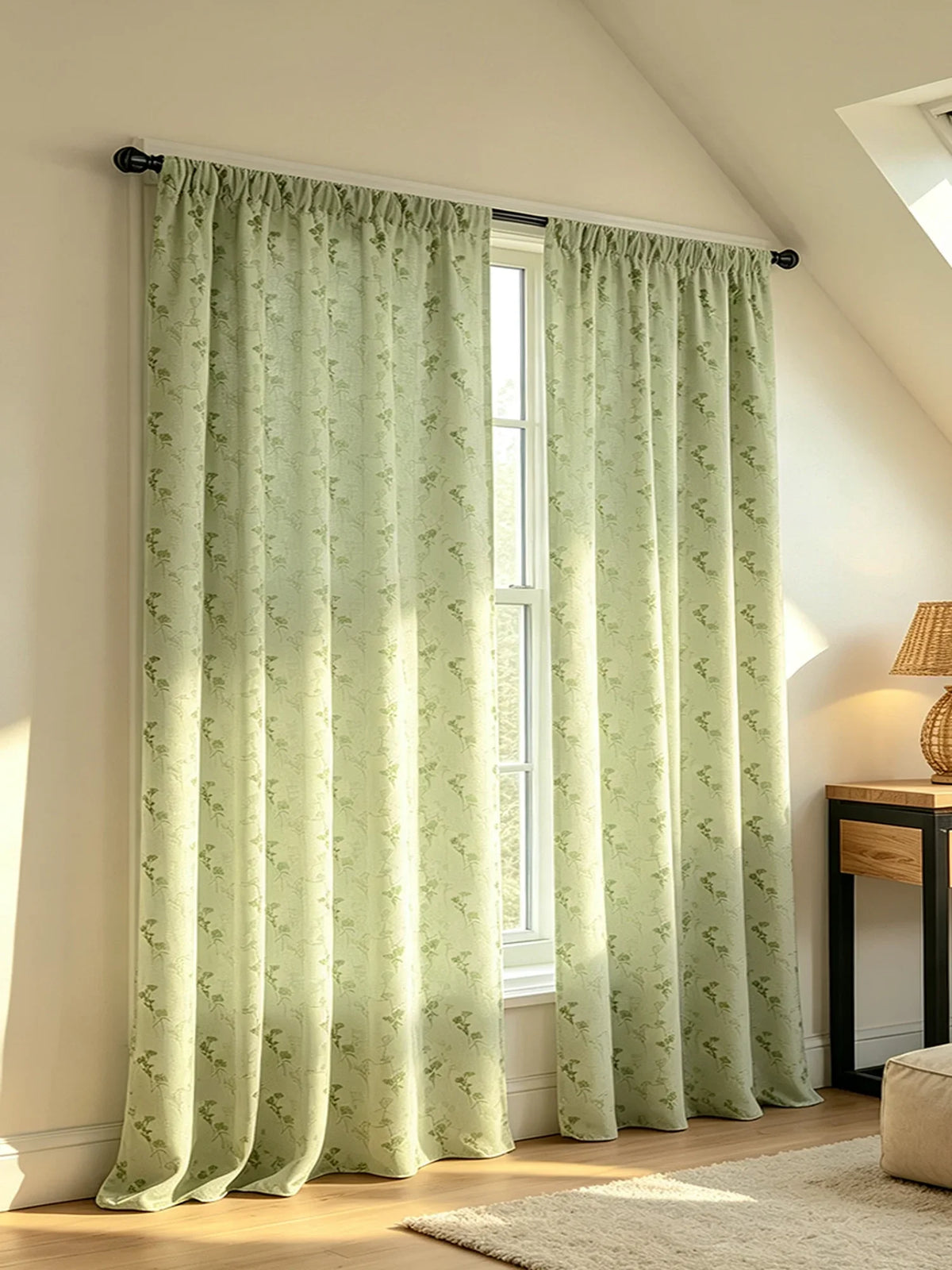 A pair of light green floral print curtains hanging in a window with natural light filtering through.