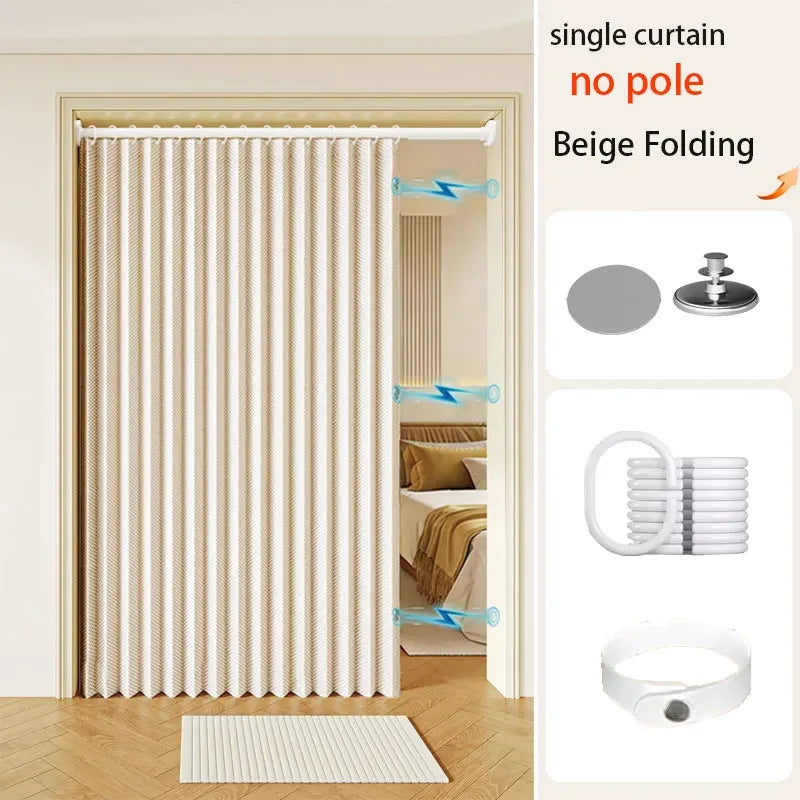 Beige folding single curtain with magnetic pleats shown in a doorway setting.
