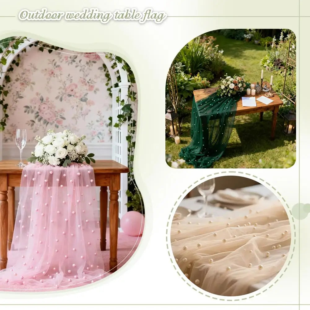 Outdoor wedding table flag featuring a pink tulle fabric with pearl beading and greenery.